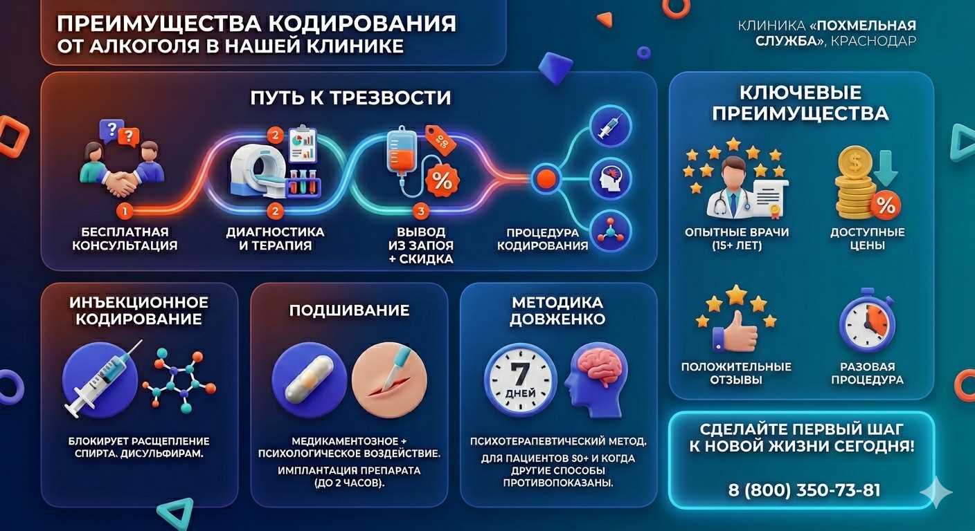 Инфографика о методах кодирования от алкоголя в Магадане: инъекции, подшивание, метод Довженко. Преимущества клиники и этапы лечения.