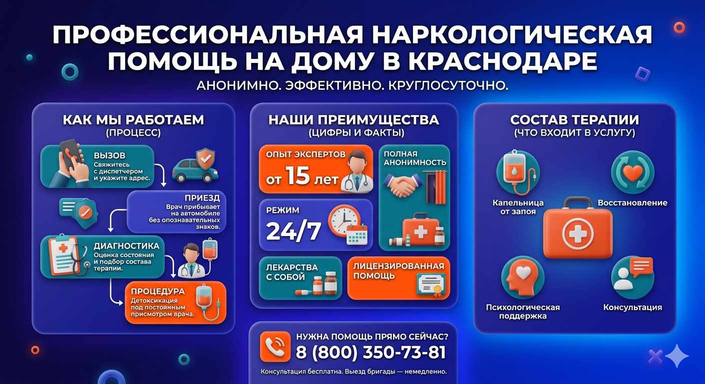 Инфографика о принципах лечения алкоголизма на дому в Магадане: этапы вызова нарколога, преимущества анонимной детоксикации и состав медицинской помощи.
